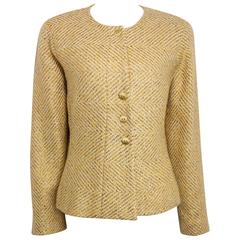 Chanel Gold Toned Metallic Glitter Cream Wool Chevron Tweed Shawl Jacket 7