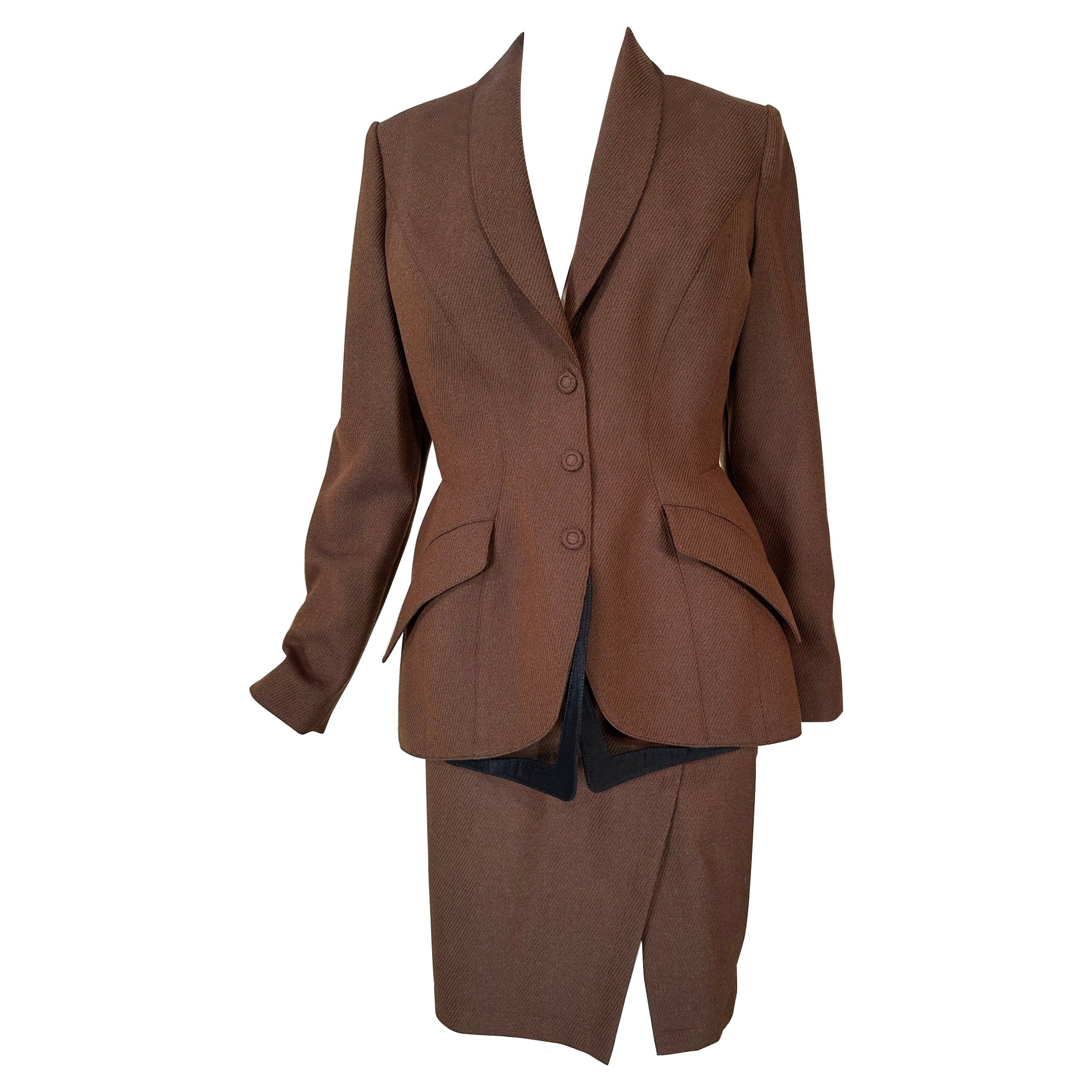 Thierry Mugler Brown Wool Twill Skirt Set Cut Out Collar & Hem 1980s 40 For Sale