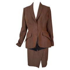 Vintage Thierry Mugler Brown Wool Twill Skirt Set Cut Out Collar & Hem 1980s 40
