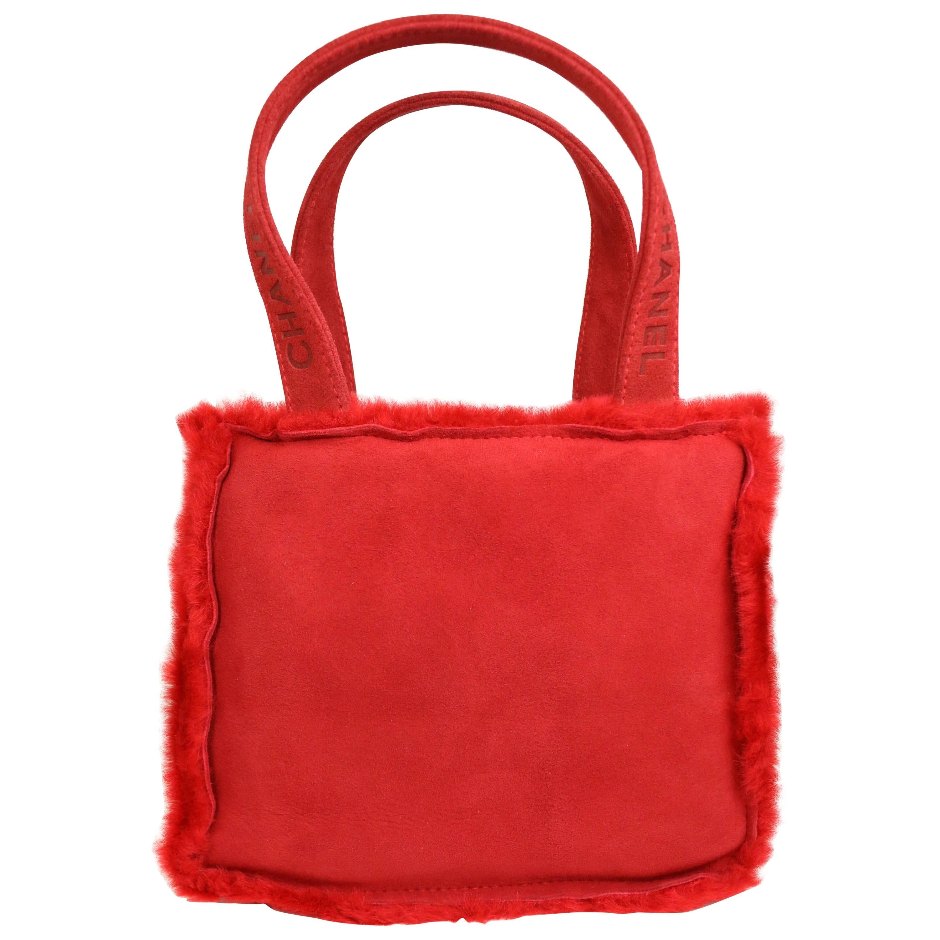Vintage 90s Chanel Red Suede with Fur Trim Handbag