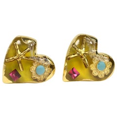 Christian Lacroix Yellow Heart Shaped Gold Toned Clip-On Earrings