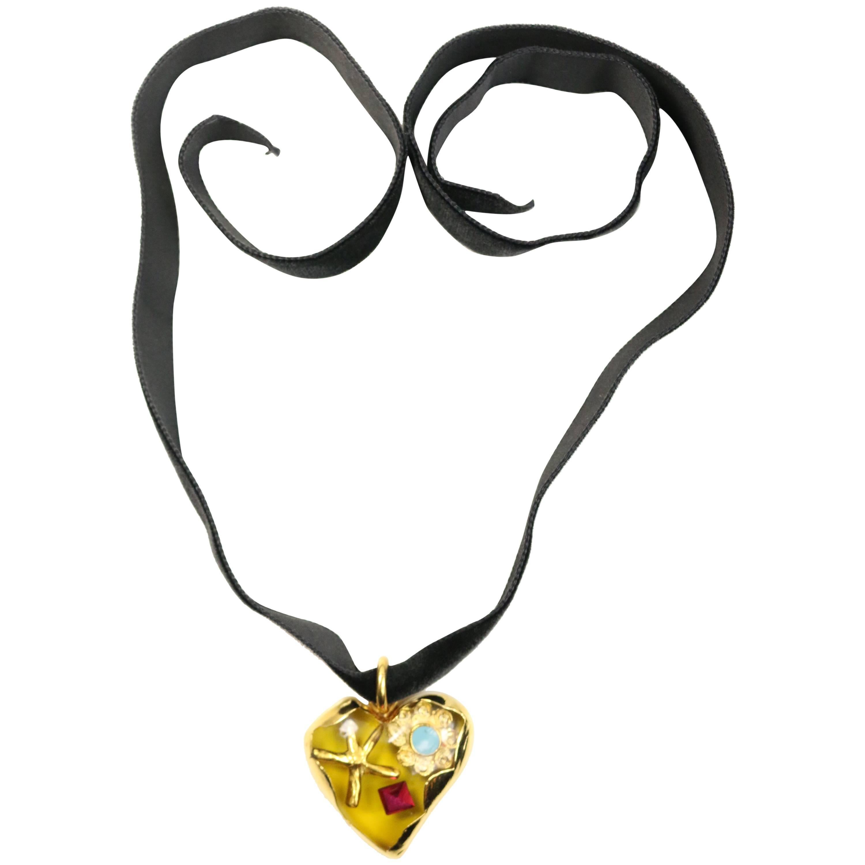 90s Christian Lacroix Yellow Heart Shaped Gold Toned Black Velvet Strap Necklace