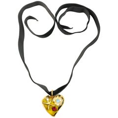 90s Christian Lacroix Yellow Heart Shaped Gold Toned Black Velvet Strap Necklace