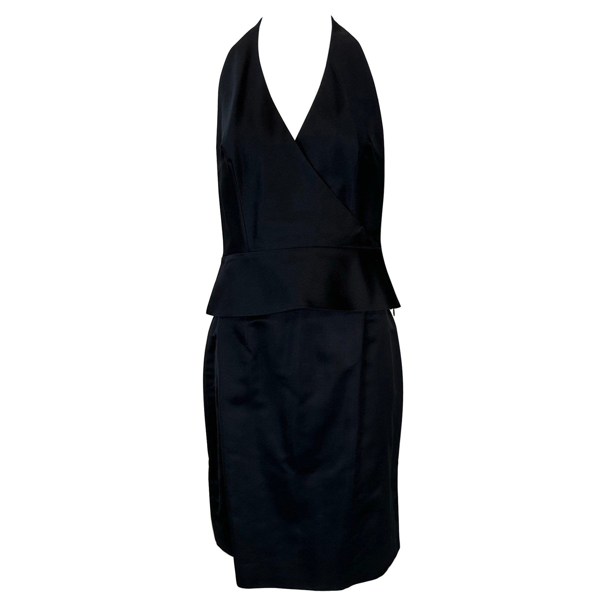 Richard Tyler Couture Black Silk Satin Halter Top & Pencil Skirt Early 2000s 6 For Sale