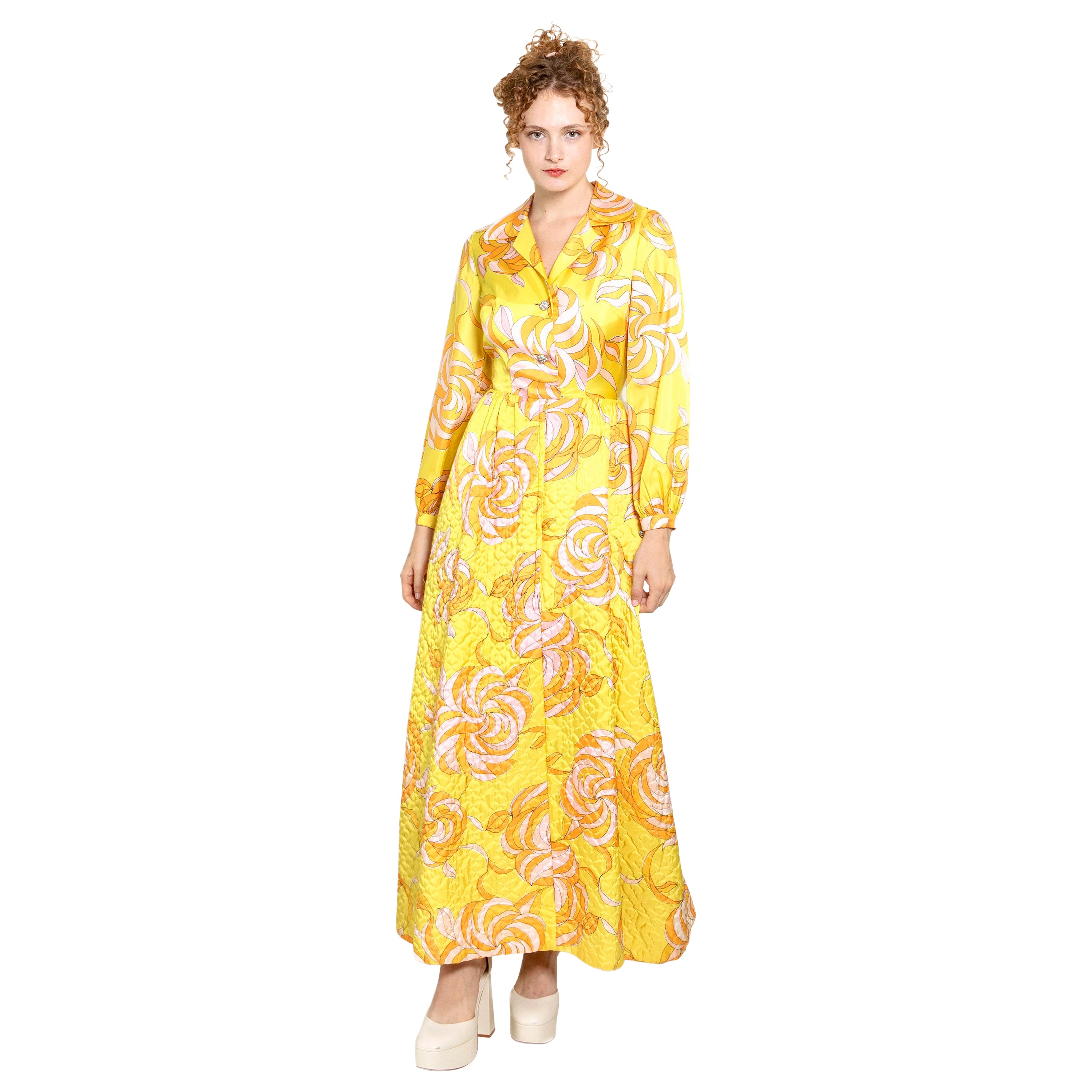 Saks Fifth Ave Yellow Print & Quilted Dress For Sale
