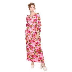 Vintage Pink Floral Ruched Sleeve Dress with Velvet Trim