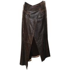 Christian Dior Vintage Brown Leather Wrap Long Skirt 