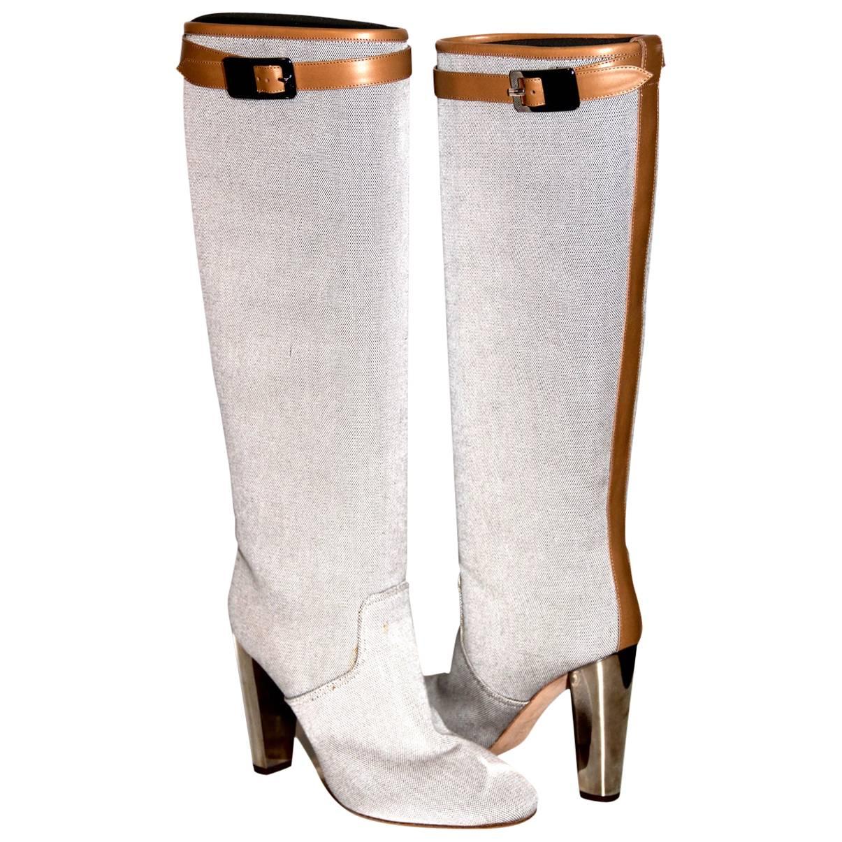 Hermes Canvas Boots Natural Leather Trim Silver Heel - IT 37.5 - Pristine Cond