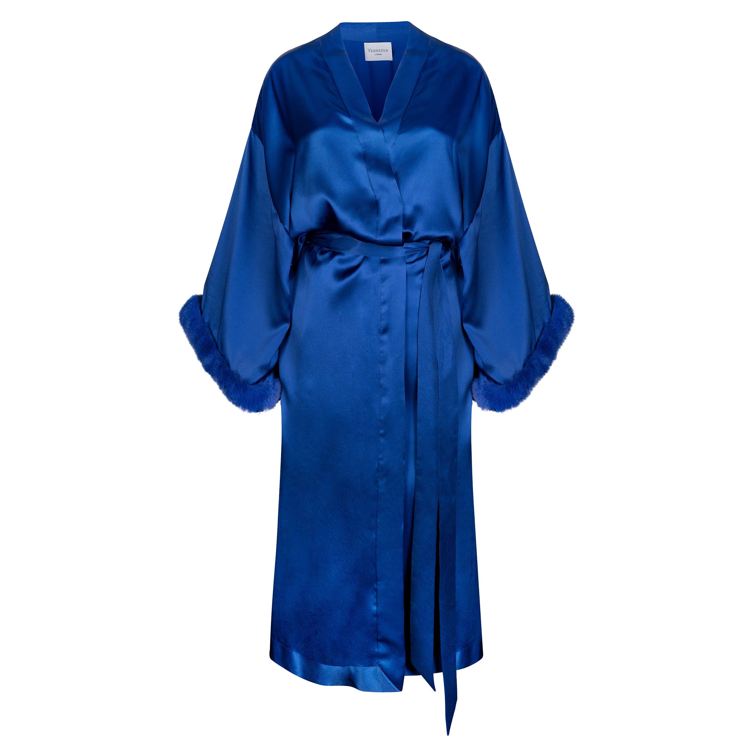 Verheyen London Blue Kimono in Italian Silk Satin with Faux Fur - One size  For Sale