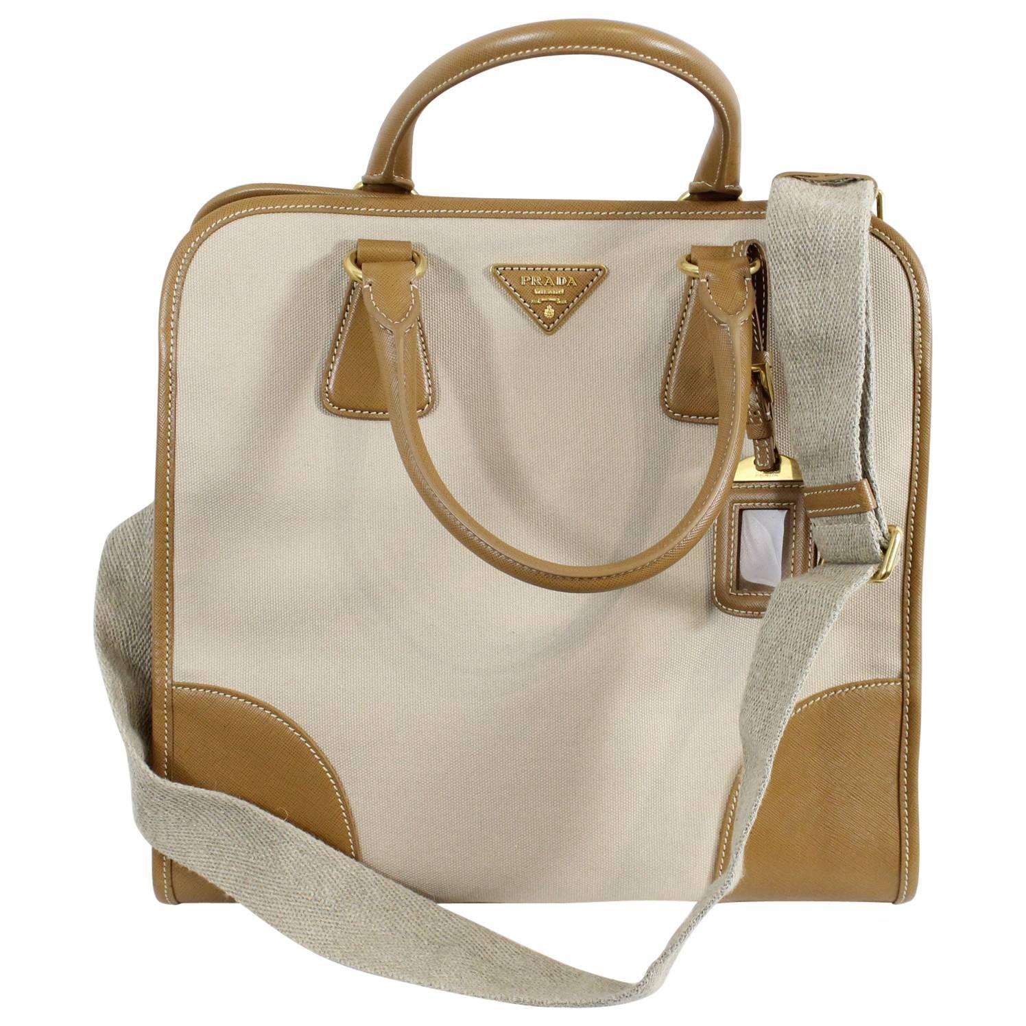 Prada Safiano and Canvas Top Handle Bag with strap