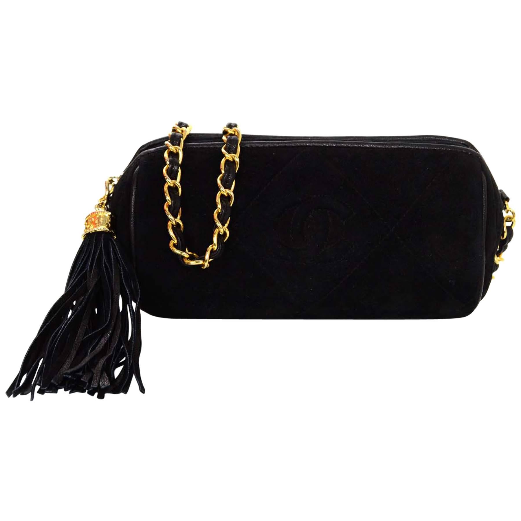 Chanel Vintage Black Quilted Suede Mini Barrel Crossbody Bag 