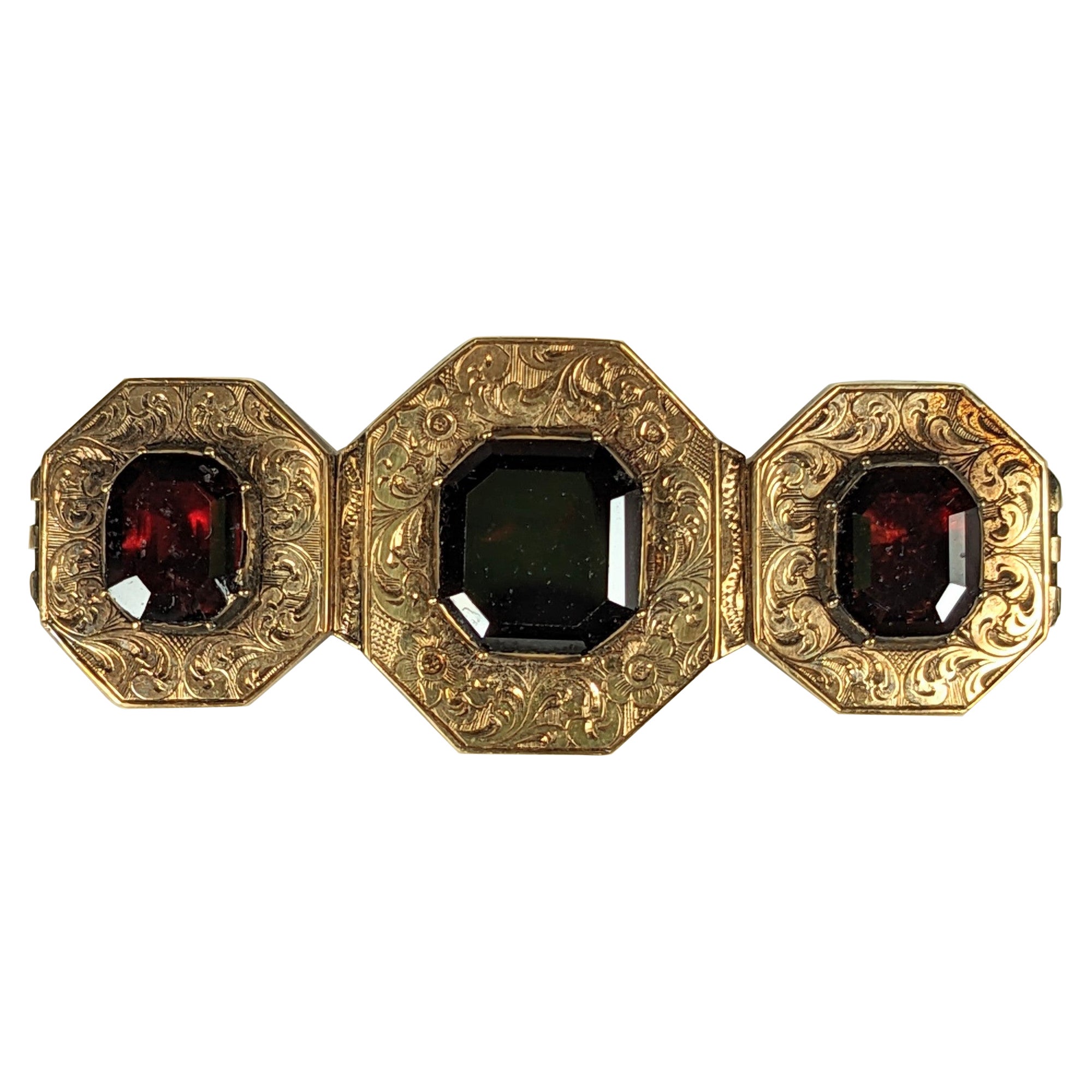 Victorian Etched Gold Garnet Brooch For Sale