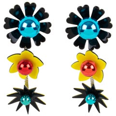 Kenzo Black and Yellow Resin Floral Pierced Earrings with Mirror Glass Beads