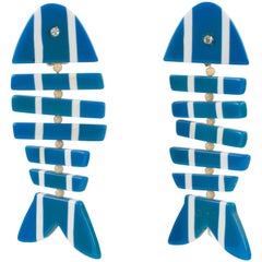 Retro Lucite Dangle Clip Earrings Blue and White FishBone