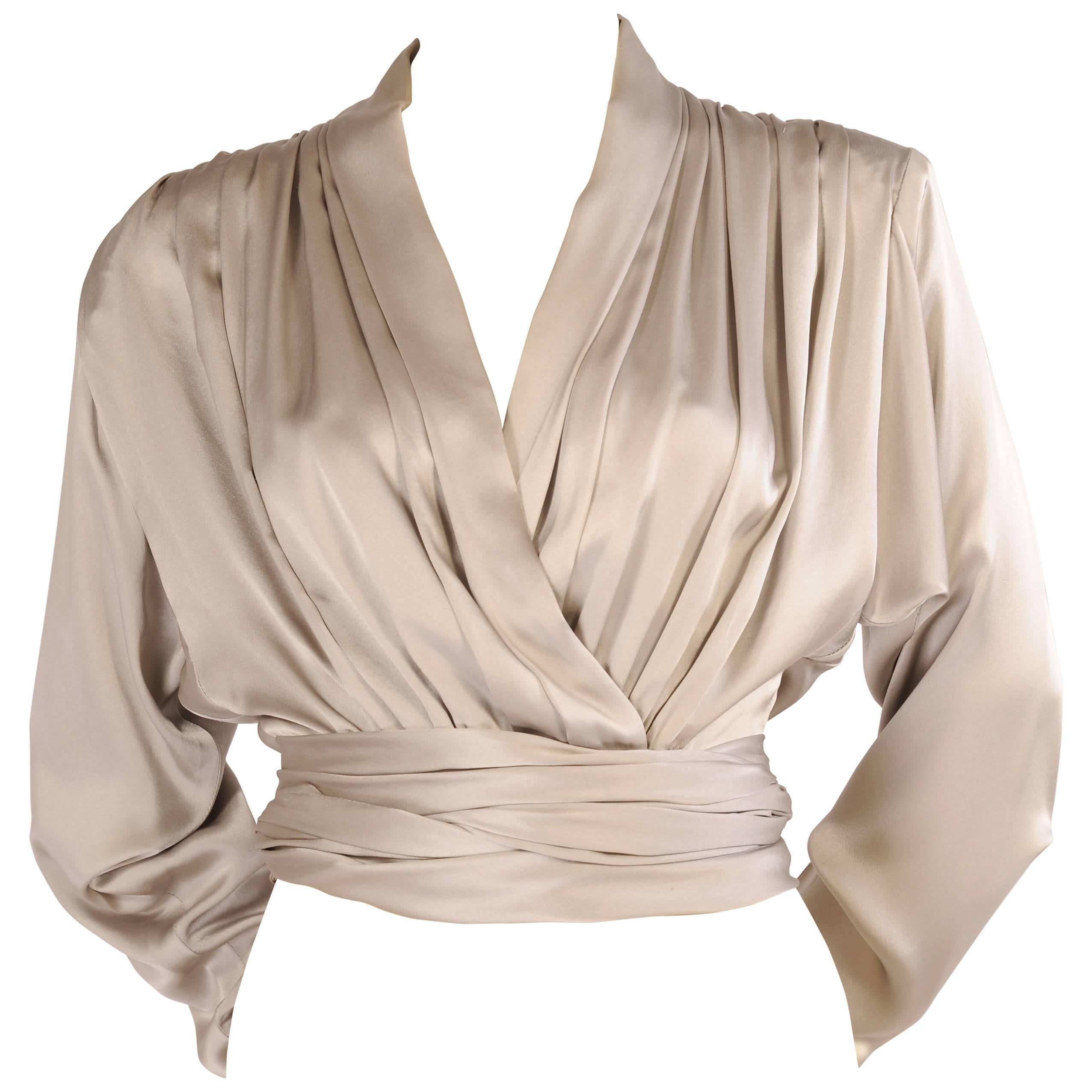 Yves Saint Laurent Haute Couture Smoke Grey Silk Charmeuse Wrap Blouse