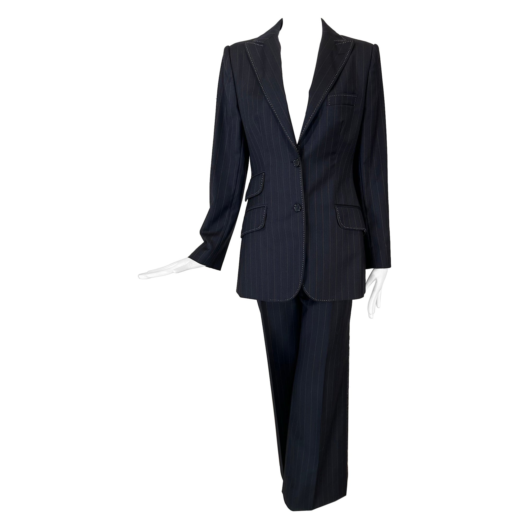Dolce & Gabbana Pin Stripe Wool Single Breasted Jacket & Full Leg Pant Suit 44