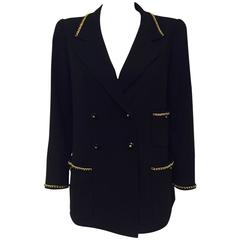 Chanel Boutique Black Double Breasted Wool Blazer/Leather Interwoven Chains