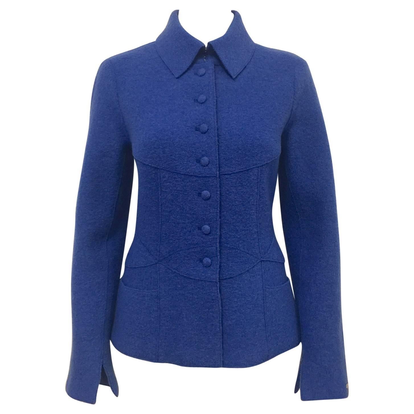 Chanel Fall 1999 Bright Blue Boiled Wool Fitted Jacket With Slits at 1stDibs