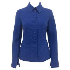 Vintage Chanel Fall 1999 Bright Blue Boiled Wool Fitted Jacket With Slits