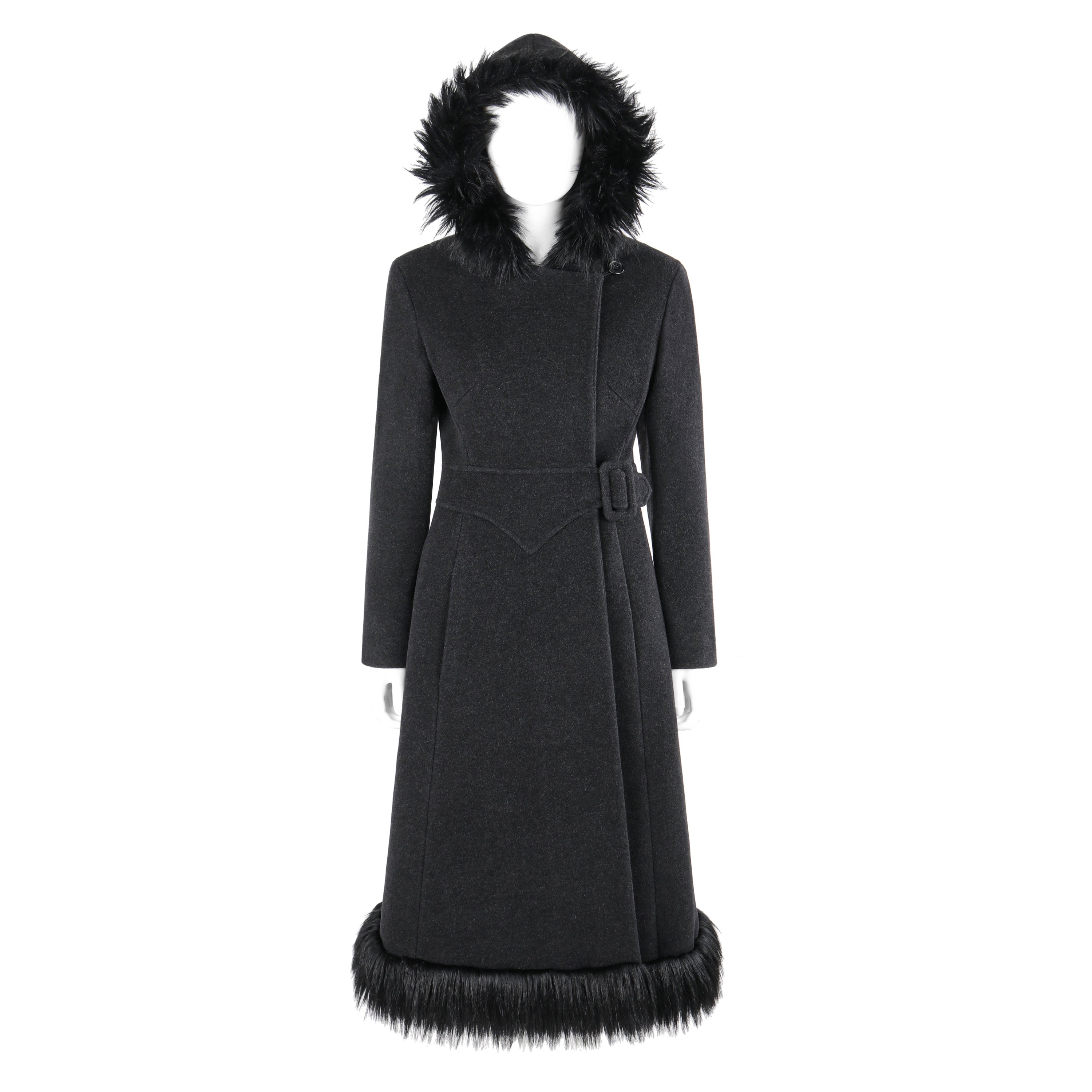 ALEXANDER McQUEEN c.1997 Gray Wool Faux Fur Trim Hooded Belted Coat Overcoat  For Sale