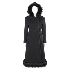 Vintage ALEXANDER McQUEEN c.1997 Gray Wool Faux Fur Trim Hooded Belted Coat Overcoat 