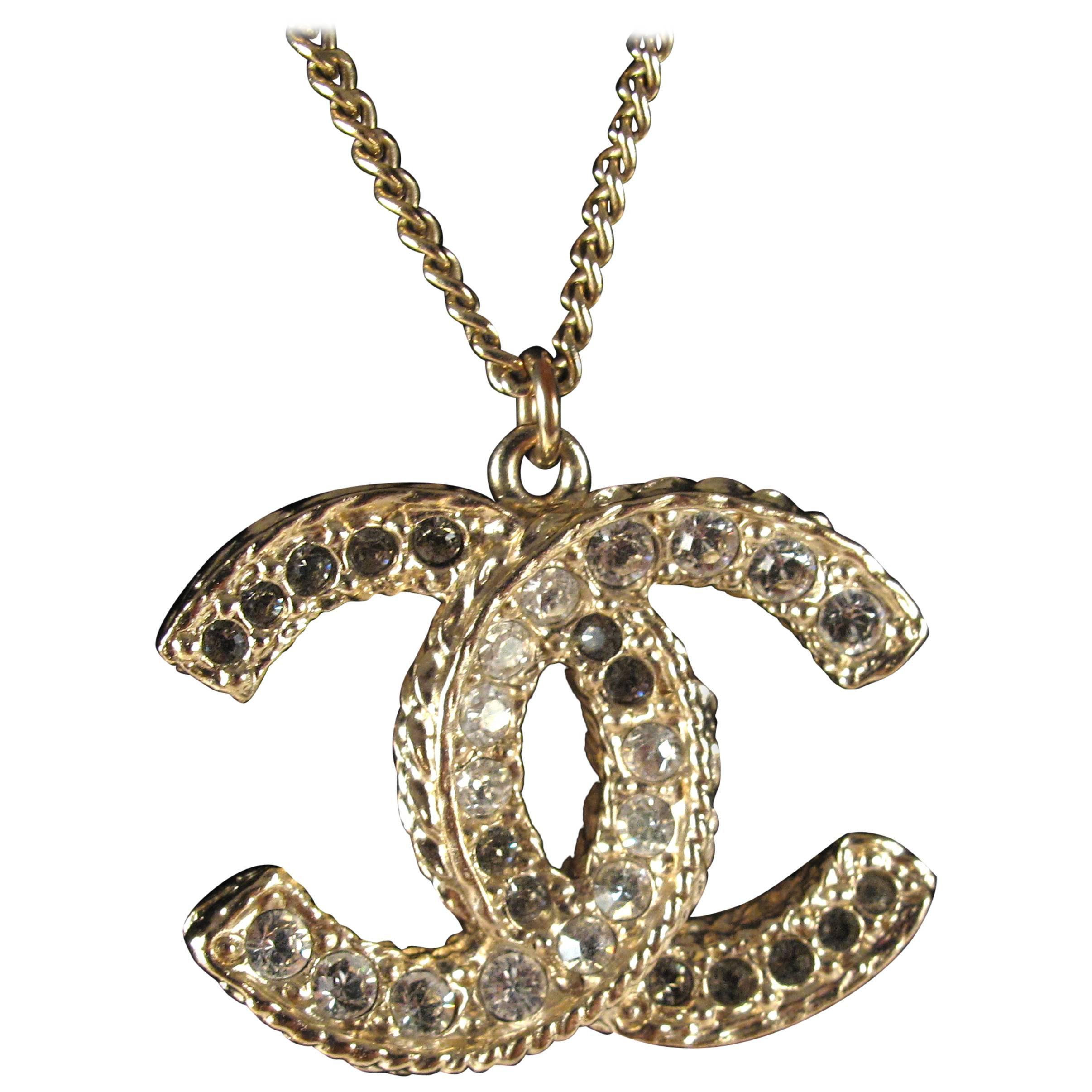 Chanel Crystal Necklace - 2013 Gold CC Logo Chain Charm Pendant A13C