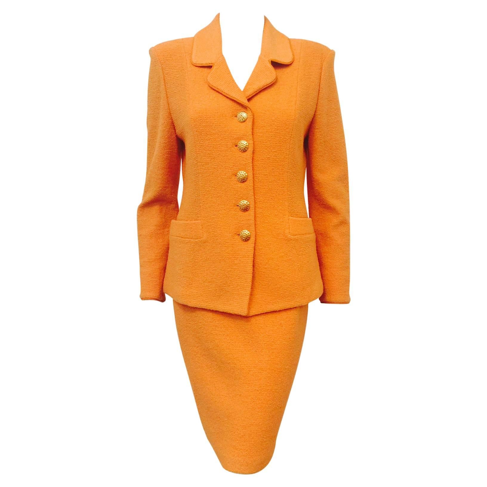 St. John Collection Orange Wool Blend Knit Skirt Suit With Enamel Buttons