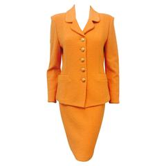 Retro St. John Collection Orange Wool Blend Knit Skirt Suit With Enamel Buttons 