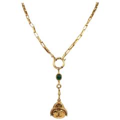 Chanel Necklace Gripoix Vintage Green Glass Pendant Stone Bead Charm Gold Chain