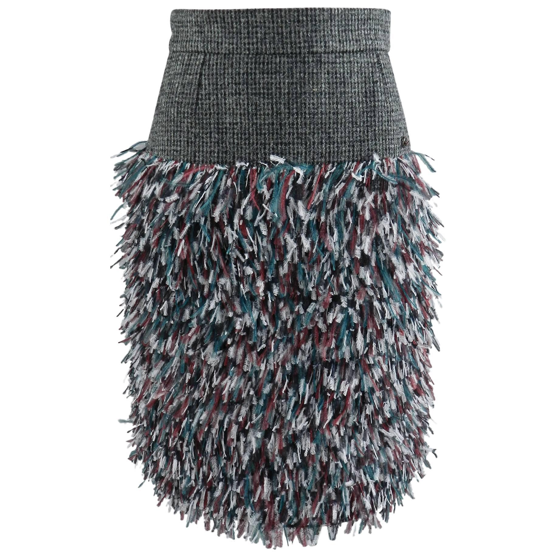 Chanel 13A Edinburg Grey Wool and Ostrich Feather Runway Skirt