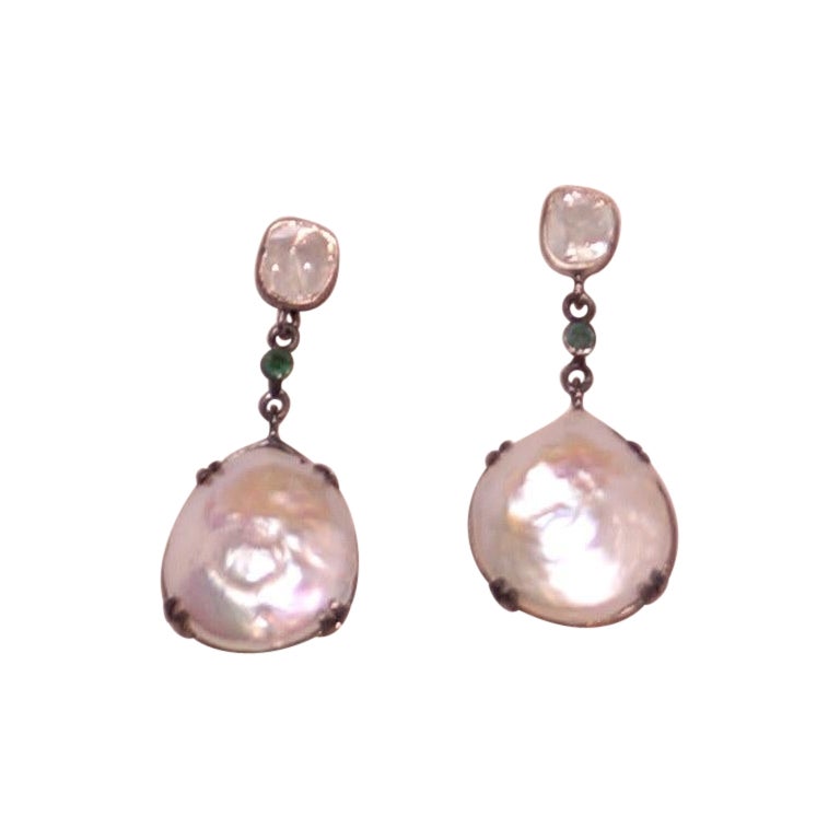 Certified natural real uncut diamonds sterling silver baroque pearl earrings For Sale