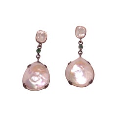 Antique Certified natural real uncut diamonds sterling silver baroque pearl earrings