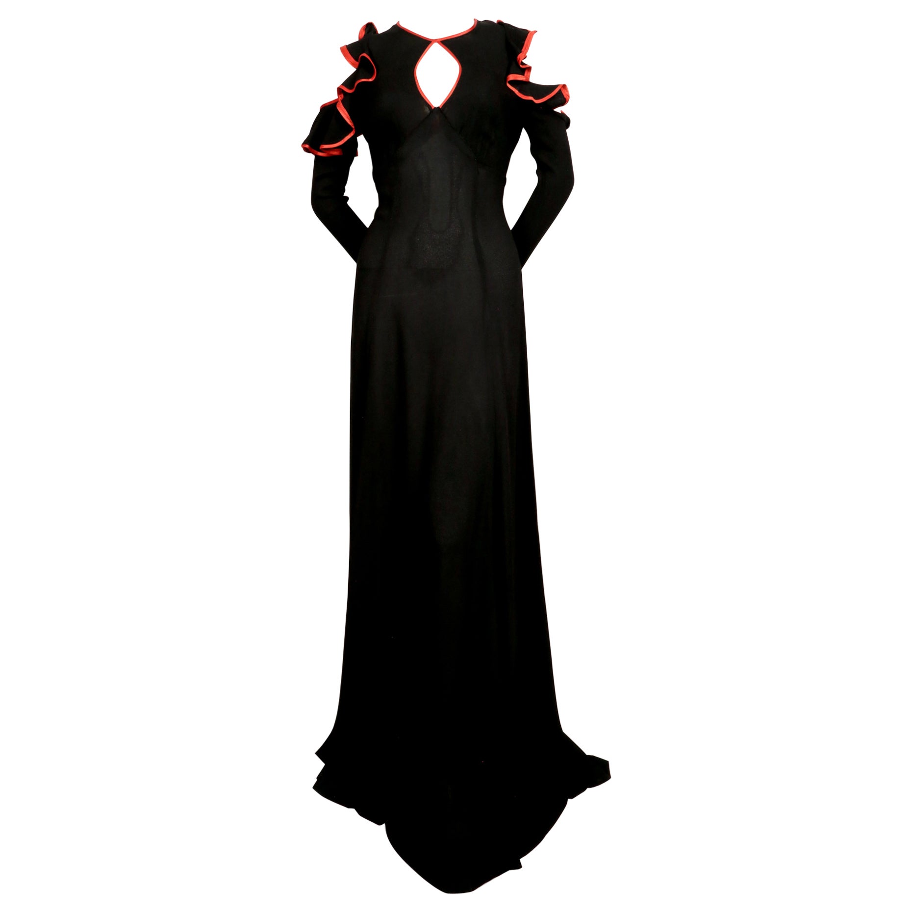 1968 OSSIE CLARK black moss crepe dress with keyhole neckline ruffles & red trim For Sale