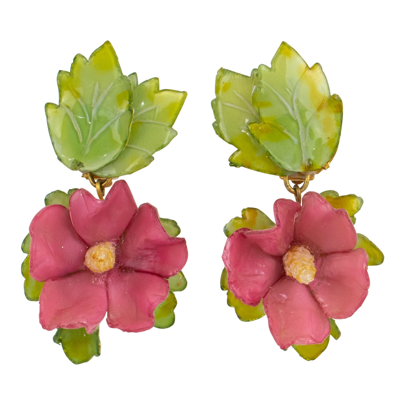 Francoise Montague Paris Clip Earrings Resin Hibiscus Flower For Sale