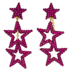 Used Richard Kerr Hot Pink Fuchsia Jeweled Dangling Star Clip Earrings