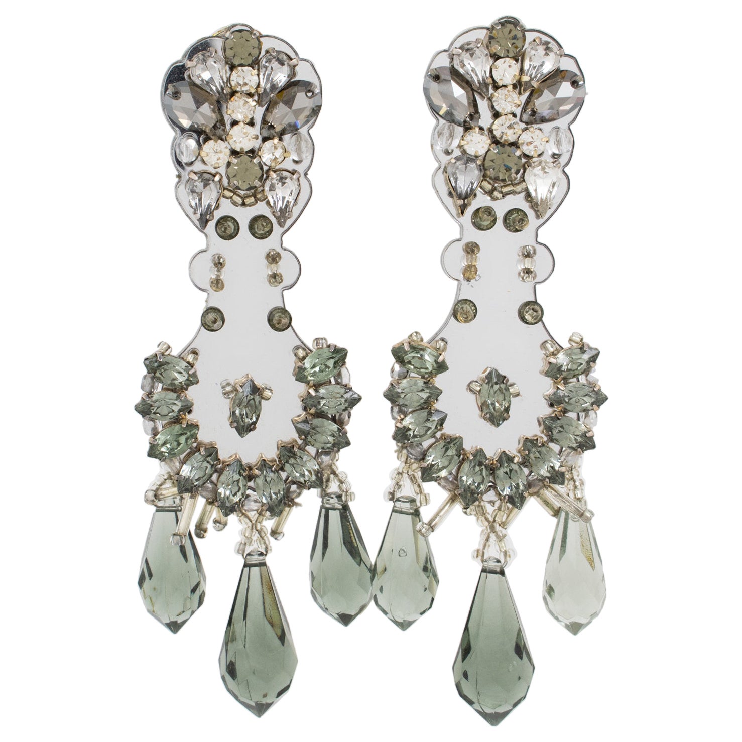Prada Crystal and Mirror Chandelier Clip Earrings with Dangle Charms For Sale