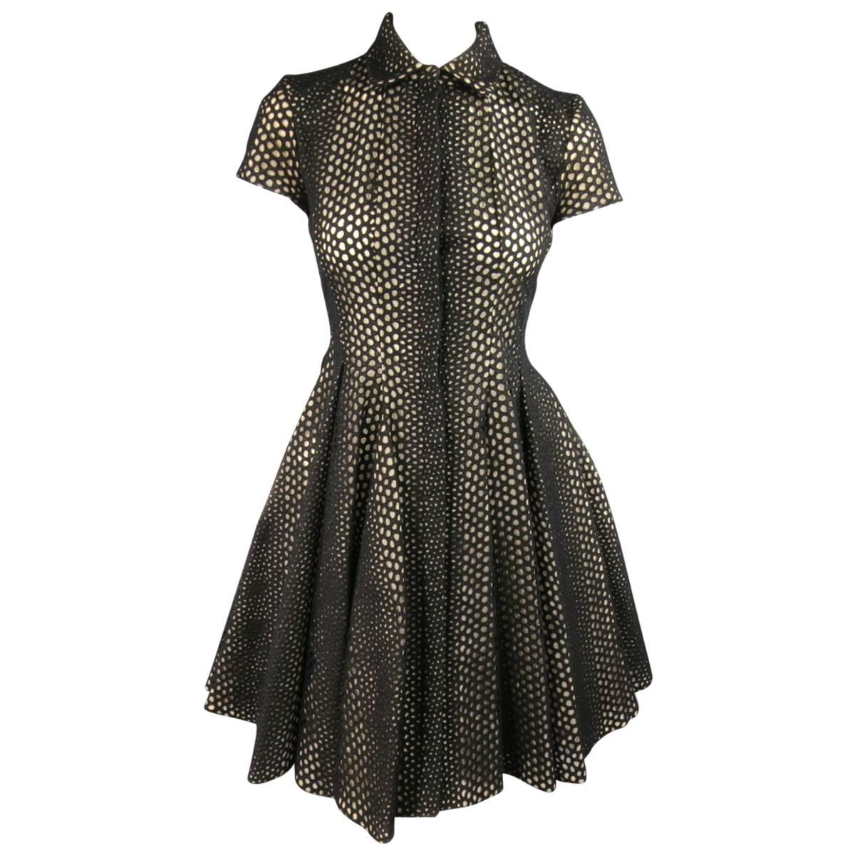 Giambattista Valli Black Lace Short Sleeve Flared Skirt Shirt Dress