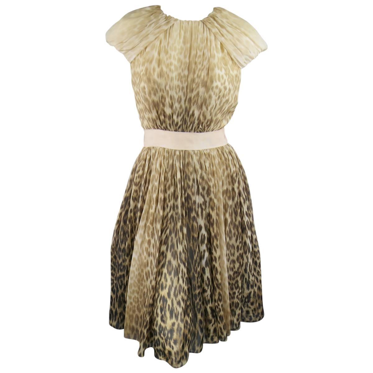 Giambattista Valli Couture Beige and Brown Leopard Draped Silk Dress