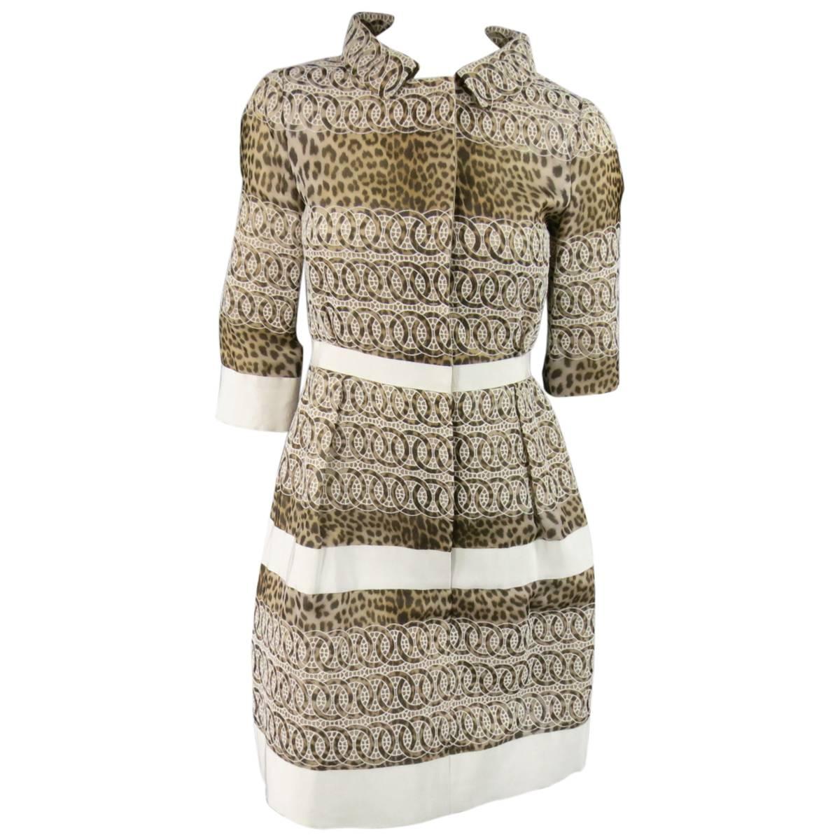 Giambattista Valli Size 6 Beige Brown Leopard Embroidered Lace Silk Coat Dress