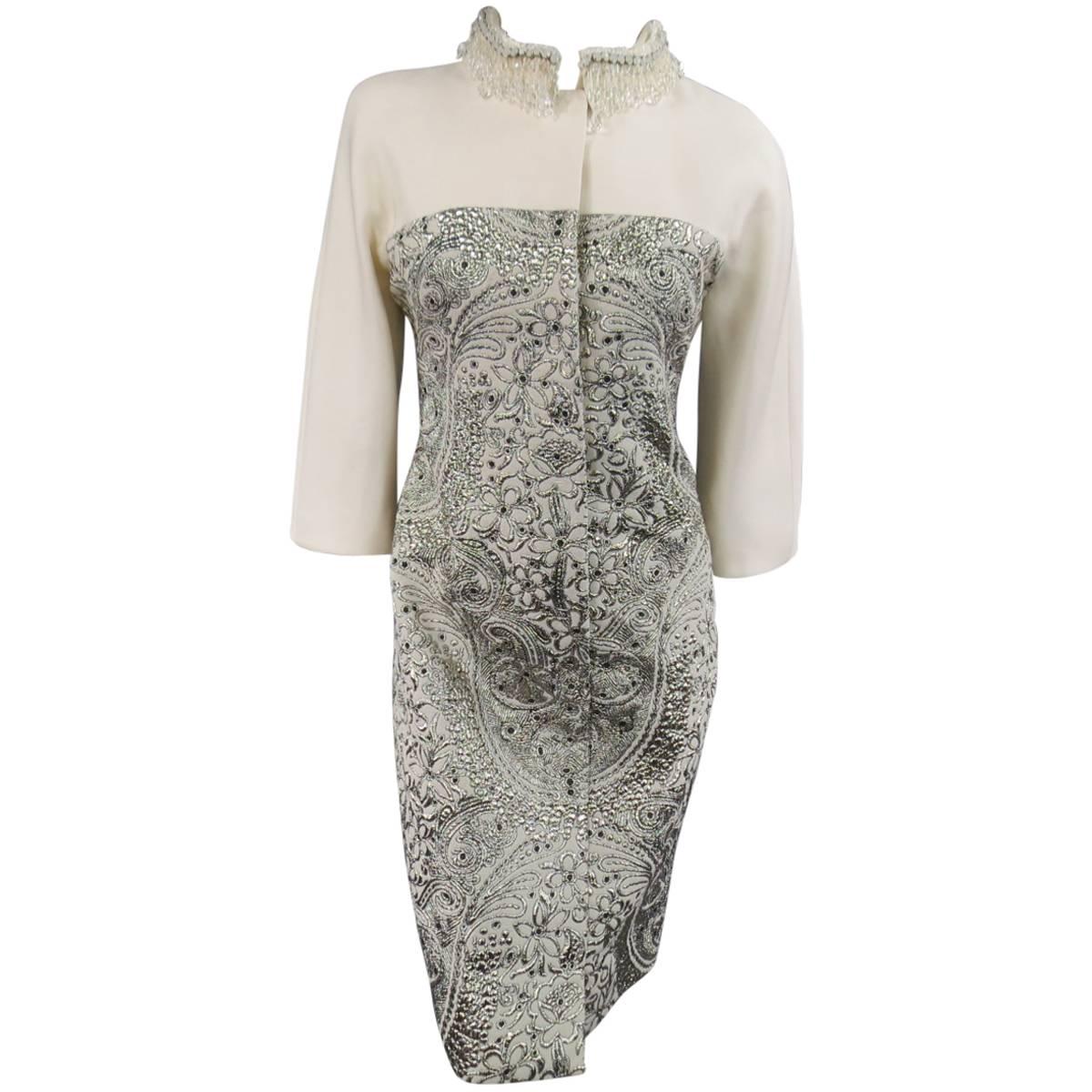 Giambattista Valli Couture Cream and Silver Beaded Coat Dress - Retail $9600