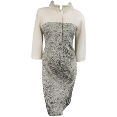 GIAMBATTISTA VALLI COUTURE 6 Cream & Silver Jaquard Beaded Collar Coat Dress 8
