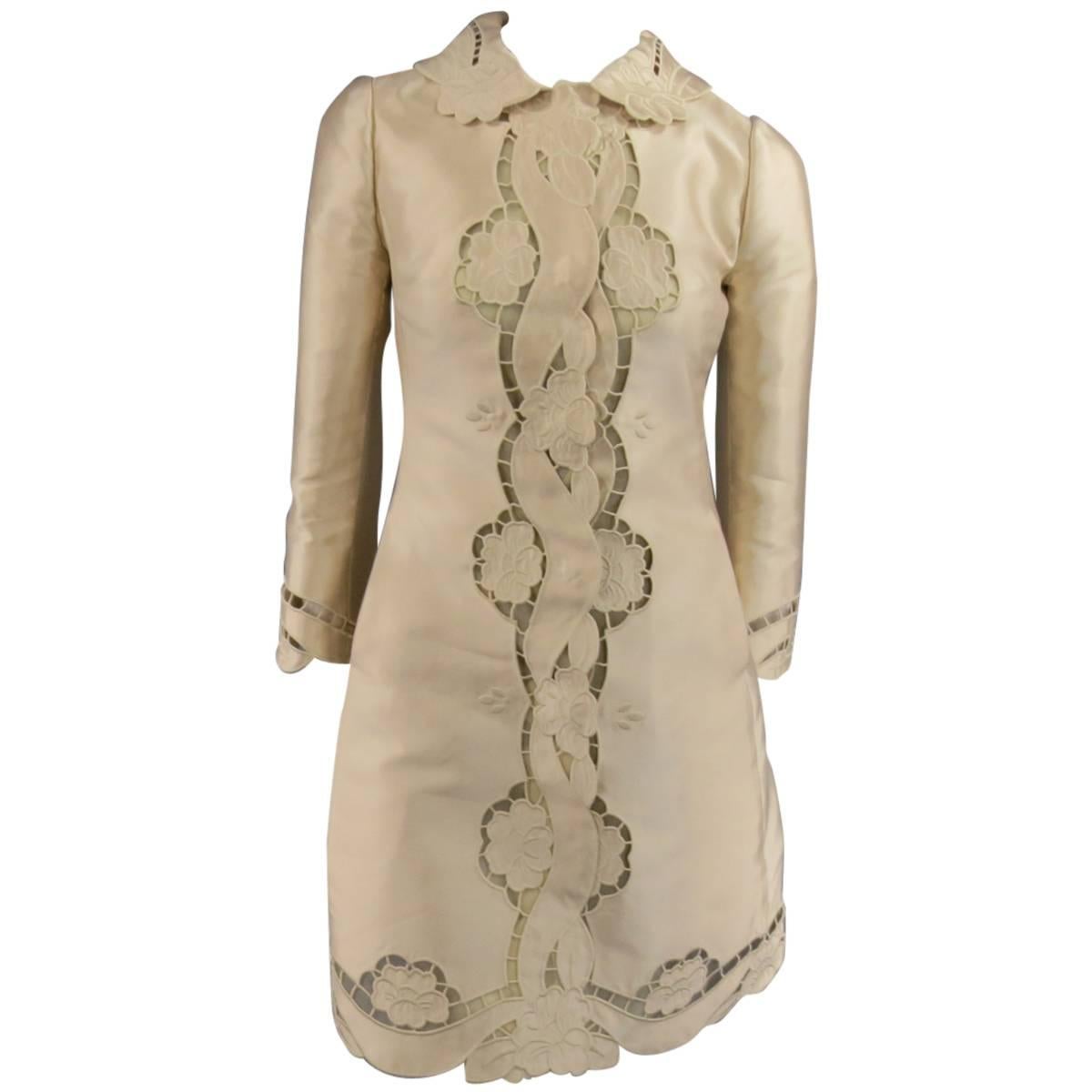 DOLCE & GABBANA Coat Dress - Size 6 Blush Silk Satin Floral Lace