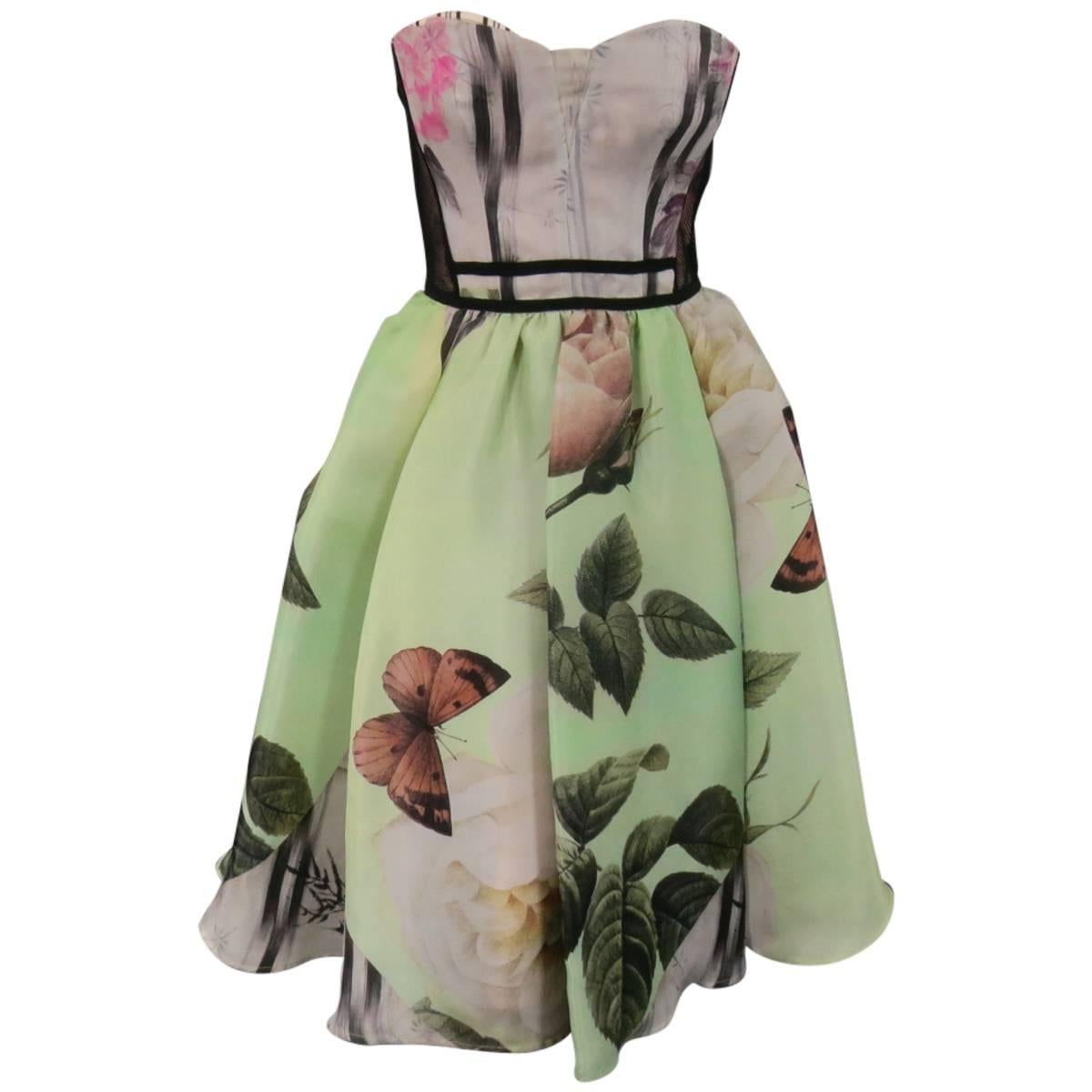 ANTONIO MARRAS Size 2 Green Butterfly Print Bustier Cocktail Dress