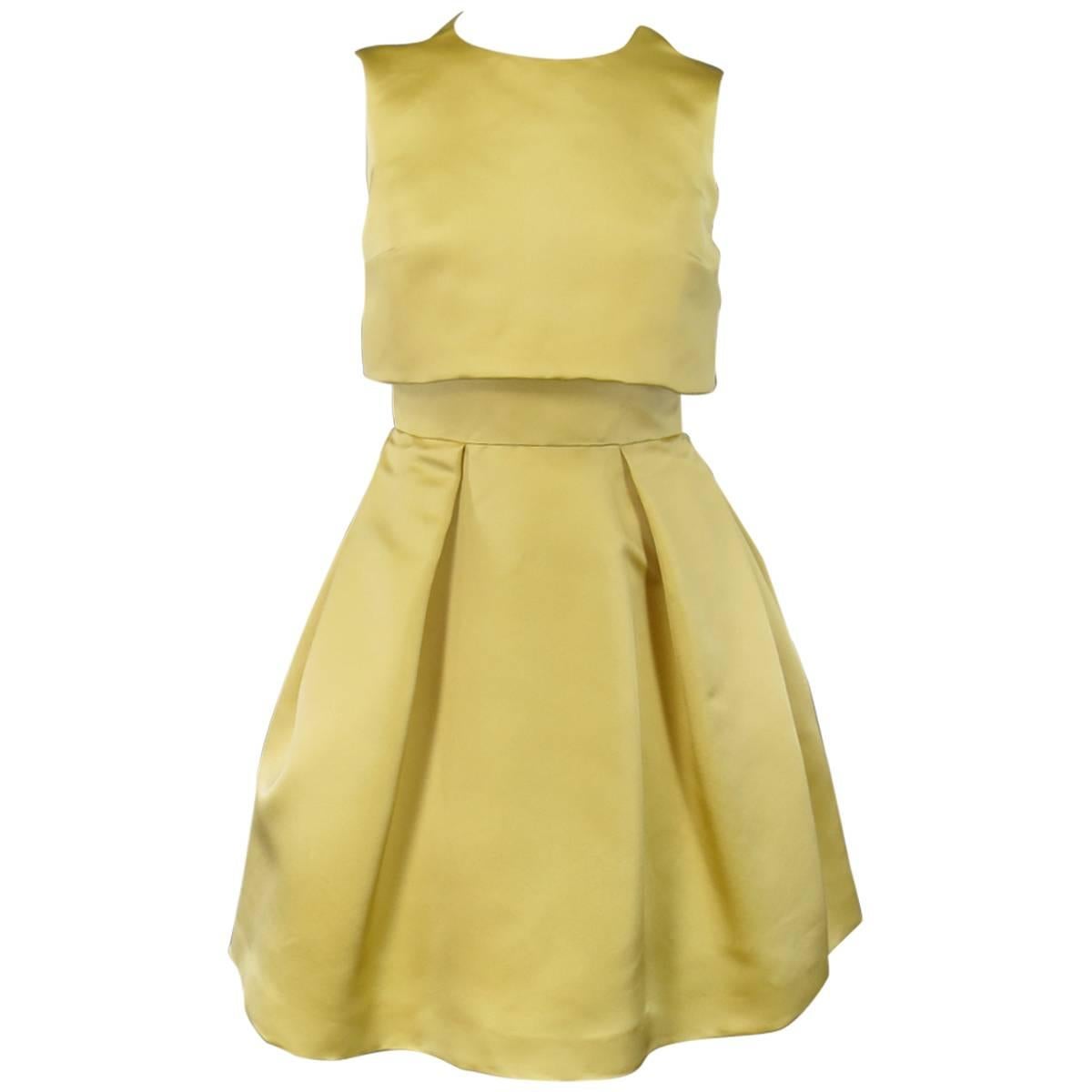 CHRISTIAN DIOR Size 4 Yellow Silk Satin Sleeveless Overlay Cocktail Dress