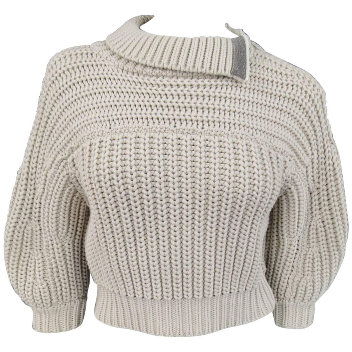BRUNELLO CUCINELLI Size M Beige Chunky Knit Cropped Sparkle Zip Shoulder Sweater