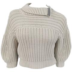 BRUNELLO CUCINELLI Size M Beige Chunky Knit Cropped Sparkle Zip Shoulder Sweater