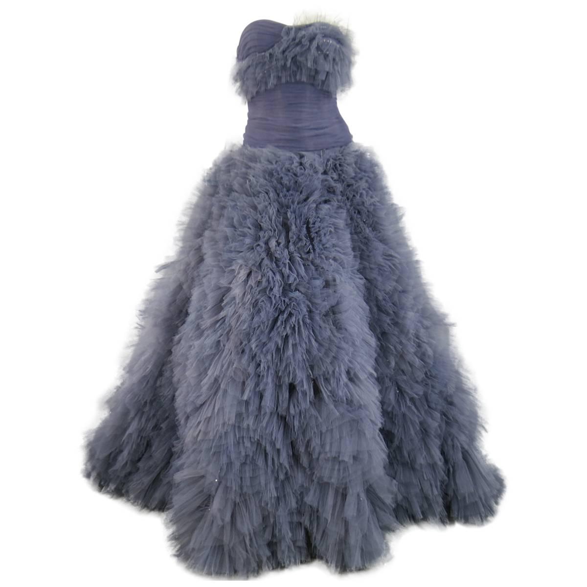 MARCHESA Size 4 Gray Blue Beaded Ruffle Tulle Strapless Bustier Evening Gown