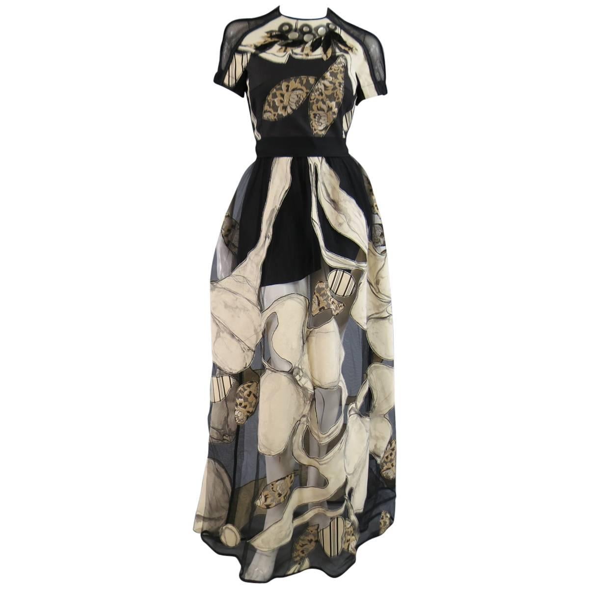 ANTONIO MARRAS Size 4 Black & Beige Painted Floral Mesh Tulle Evening Gown