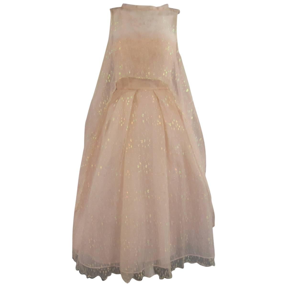MONIQUE LHUILLIER Size 4 Pink Iridescent Lace Strapless Two Piece Cape Dress