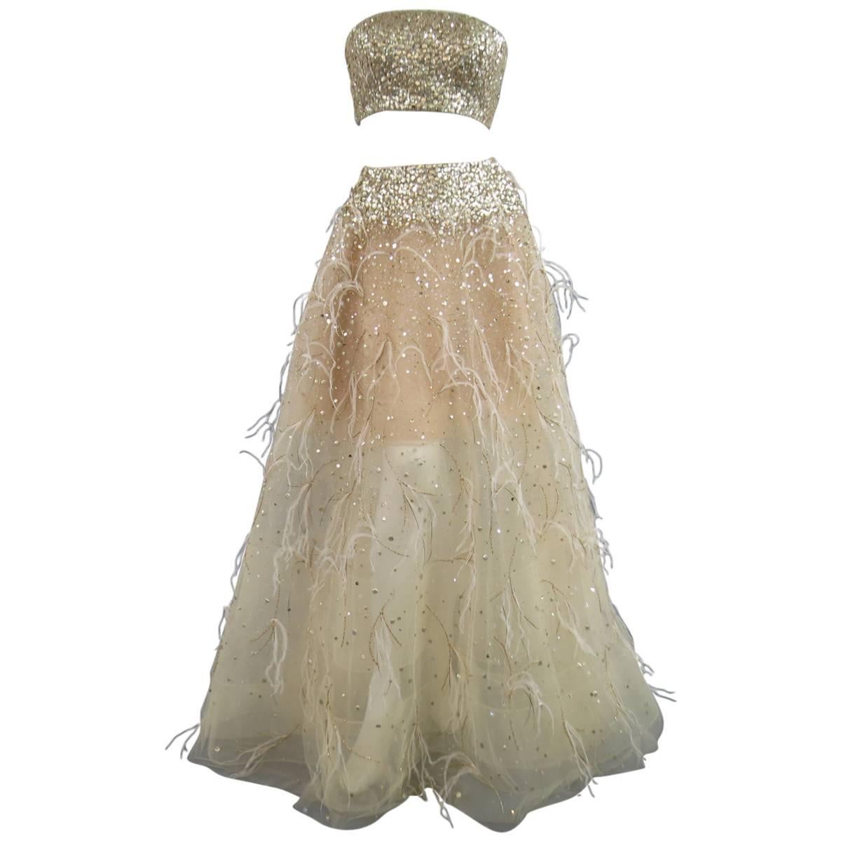 OSCAR DE LA RENTA Spring 2015 4 Gold Feather Tulle Skirt Gold Sequin Bustier Set